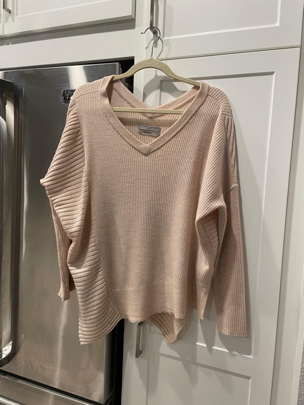 AllSaints Keld Olivio Soft Blush V-Neck Ribbed Sweater